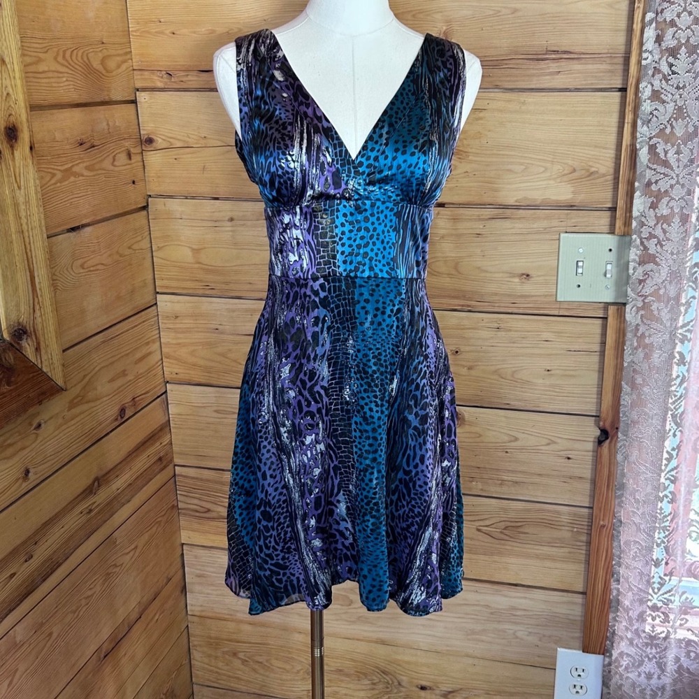 Vintage Silk Dress Women Medium Purple Teal Animal Print Metallic Foil Marciano